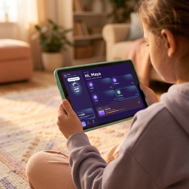 A child playing a math game on a tablet at home, a friendly robot cheering
